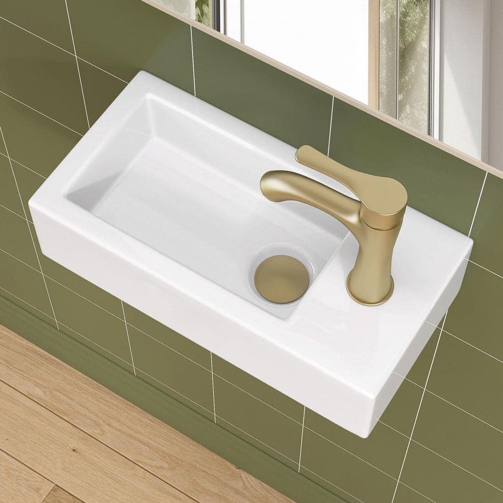 Zeafive 14.63 in. W x 7.13 in. D Wall-Mounted Rectangular Bathroom Sink in White Ceramic Bath Vessel Sink & Single Faucet Hole