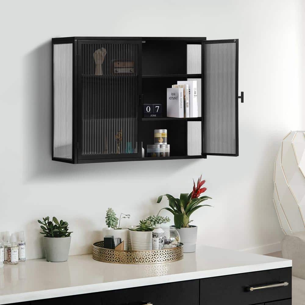 Unbranded Modern Metal 27.56 in. W x 9.06 in. D x 23.62 in. H Bathroom Storage Wall Cabinet in Black Three-tier Storage, Glass (3)