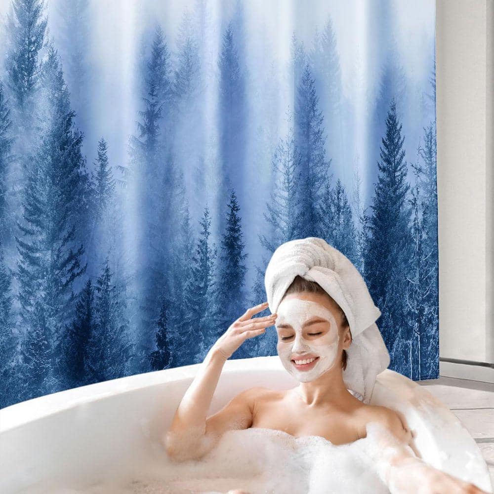 JFVKAF Misty Forest Nature Woodland Shower Curtain Set with Metal Hooks 72x72 in Decorative Pine Tree Fog Magic Bath Polyester (2)