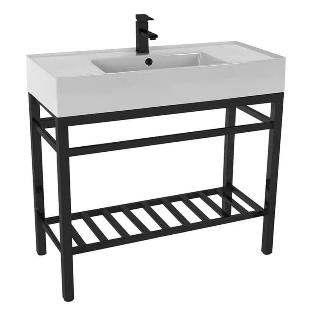 Nameeks Teorema 2-Ceramic White Console Sink and Leg Combo in Matte Black (2)