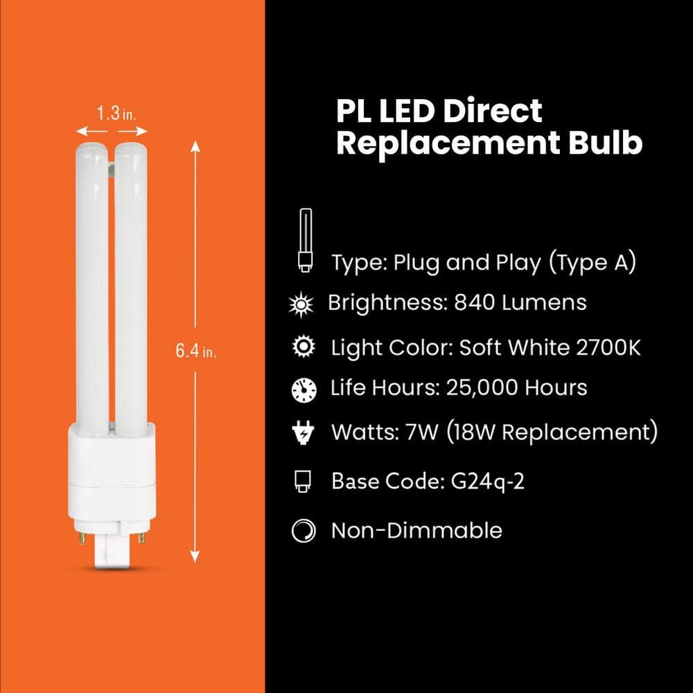 Feit Electric 18-Watt Equivalent PL QuadTube CFLNI 4-Pin Plugin G24Q-2 Base CFL Replacement LED Light Bulb, Soft White 2700K (1-Pack) (4)