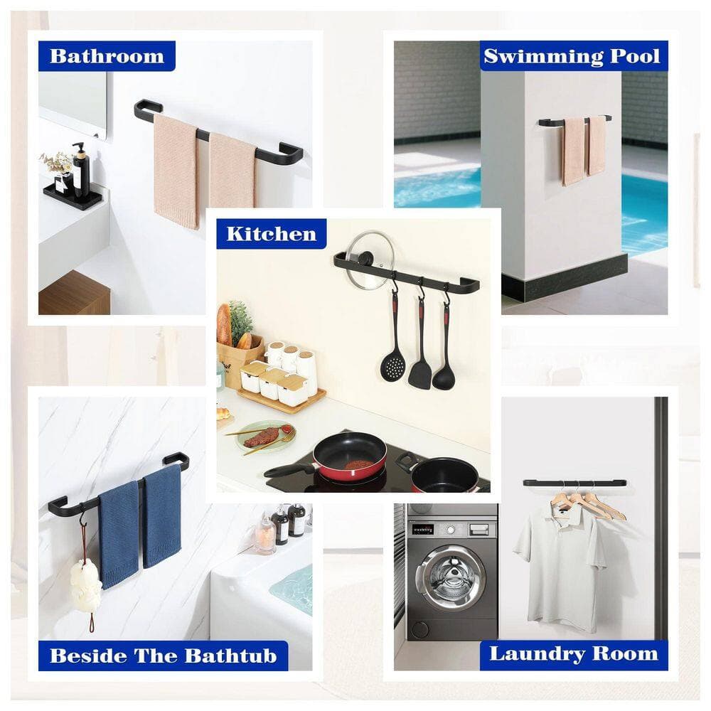 Unbranded 24 in. Single Matte Black SUS304 Stainless Steel Bathroom Towel Bar Wall Mounted Square Sturdy Install (3)