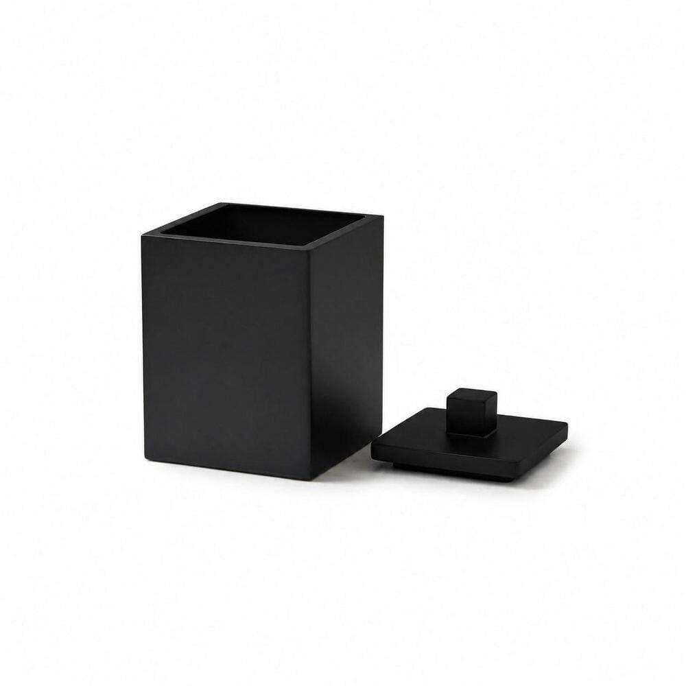 KHKFY Square Black Resin Bathroom Countertop Organizer with Lid for Cotton Swabs Balls Makeup Sponges Storage (2)