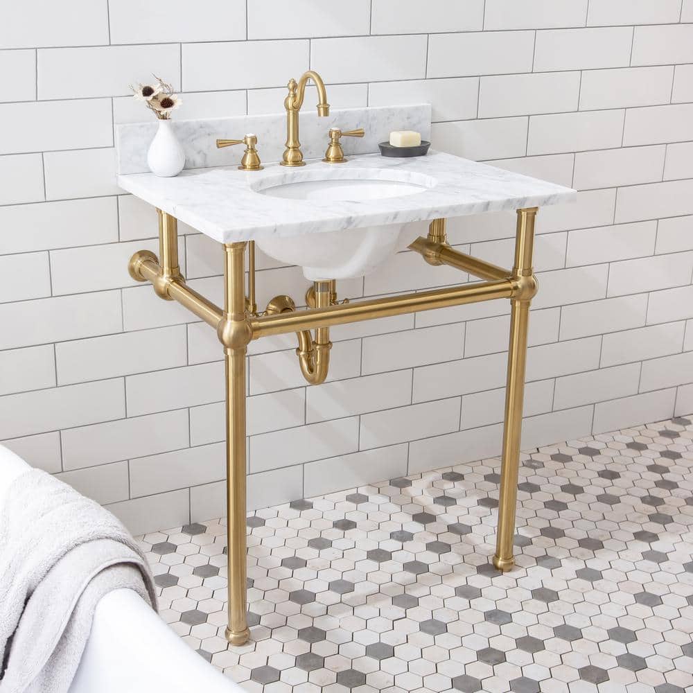 Water Creation Embassy 30 in. Brass Wash Stand with Satin Brass P-Trap Kit, Marble Counter Top, and White Basin (2)