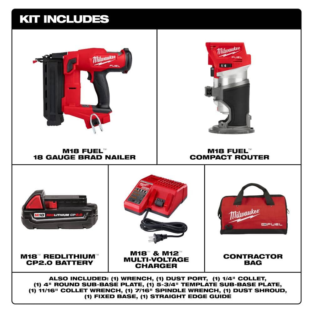 Milwaukee M18 FUEL GEN II 18V 18-Gauge Lith-Ion Brushless Cordless Brad Nailer Kit with One 2.0 Ah Battery & Router (3)