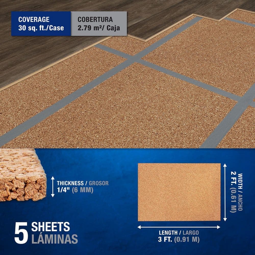 QEP 30 sq. ft. 2 ft. Wide x 3 ft. Long x 6mm Thick Natural Cork Sound Dampening Underlayment Sheets (5-Pack) (3)