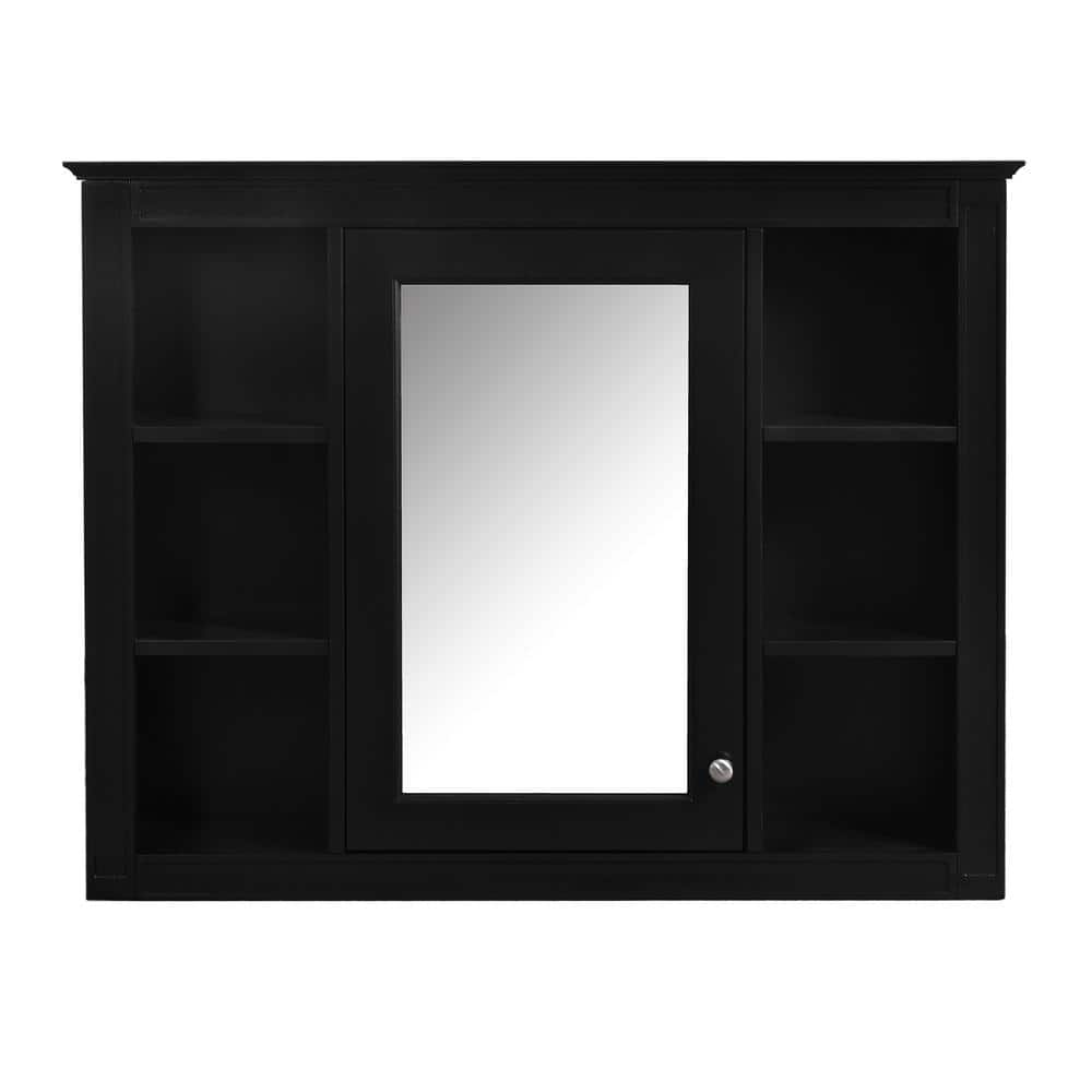 cadeninc 35.03 in. W x 7.32 in. D x 27.5 in. H Wall Mounted Bathroom Storage Cabinet in Black with Mirror and 6 Open Shelves (1)