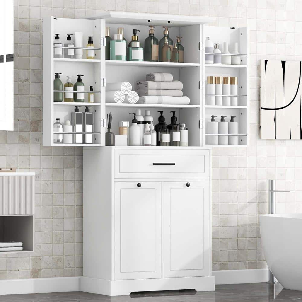 XUJMK 31 in W x 16 in D x 72 in H Linen Cabinet Pantry Storage Cabinet in White with Tilt-Out Laundry Hamper, Adjustable Shelf (3)