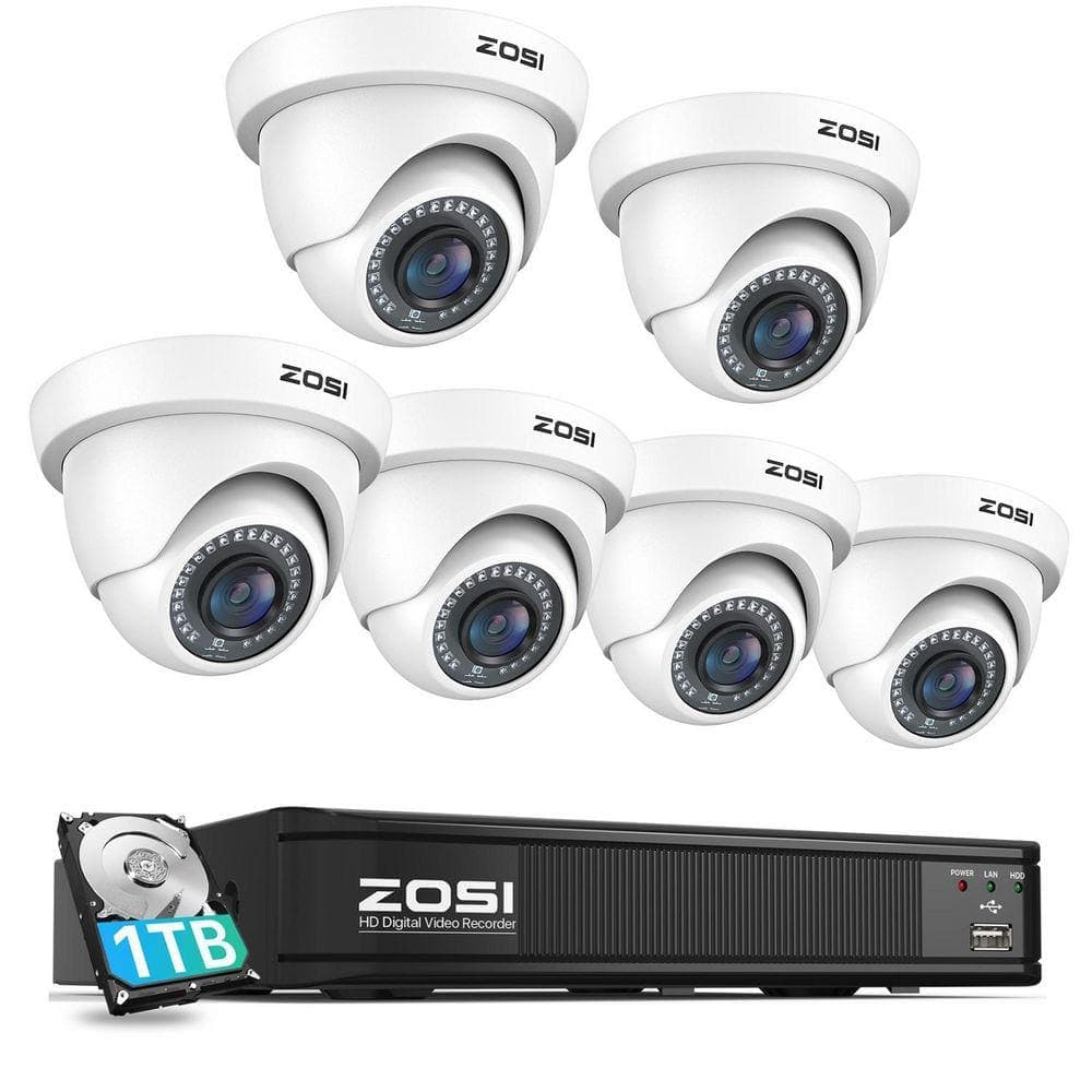 ZOSI 8-Channel 2MP DVR 1TB HDD Security Camera System with 6 Wired 1080P Dome Cameras, White (1)