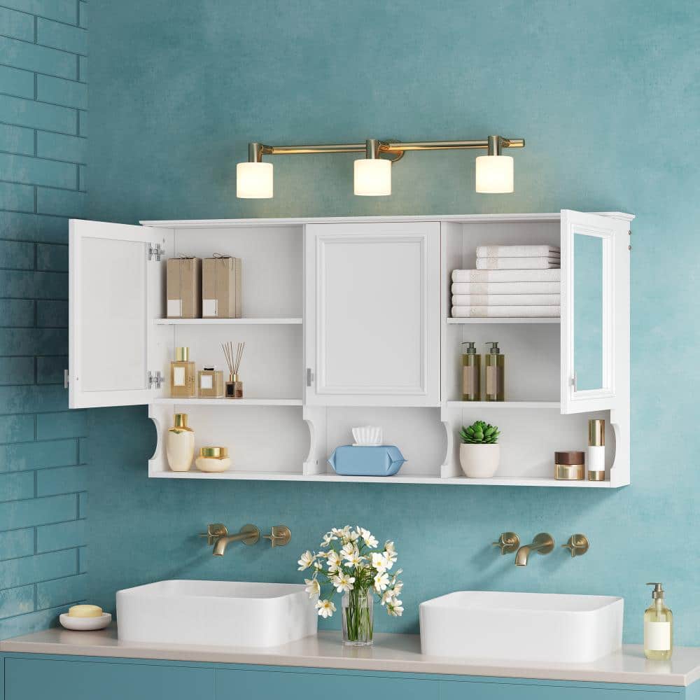 Unbranded 55 Inch White Mirror Medicine Cabinet with Open Shelves, Wall Mounted Storage Cabinet with Doors & Adjustable Shelf (2)