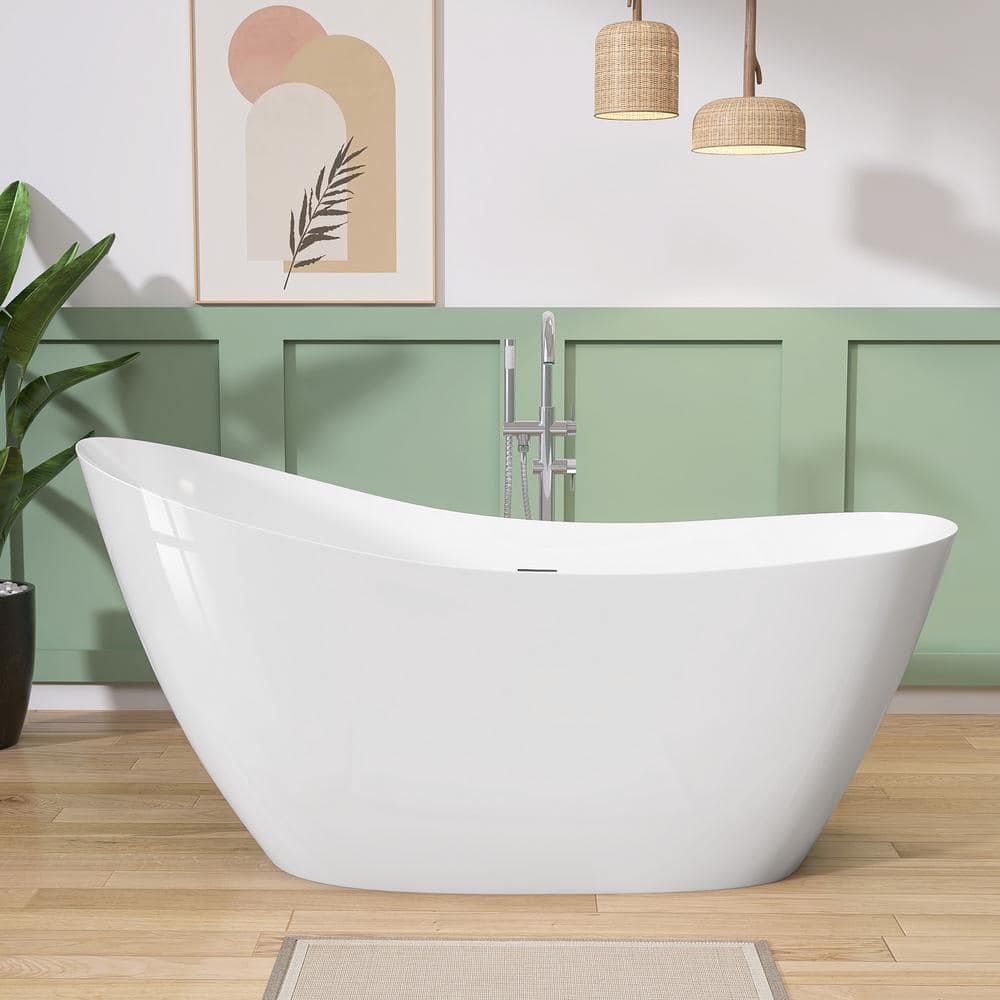 Getpro 65 in. x 29.5 in. Freestanding Acrylic Soaking Bathtub White Free Standing Single Slipper Flatbottom Tub Center Drain (1)