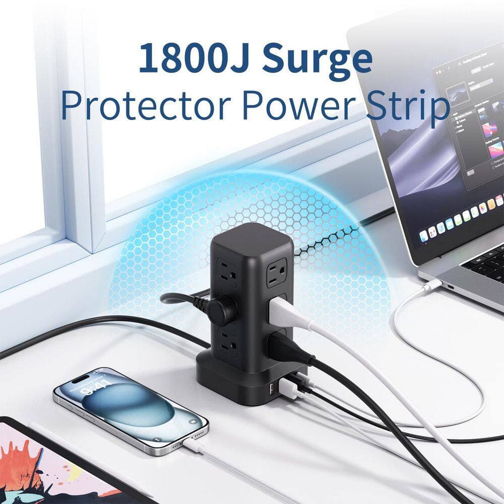 Unbranded 6.5 ft. Cord 12-Outlet 3 USB-A Ports 1 USB-C Port Surge Protector with Overload Lightning Protection (3)