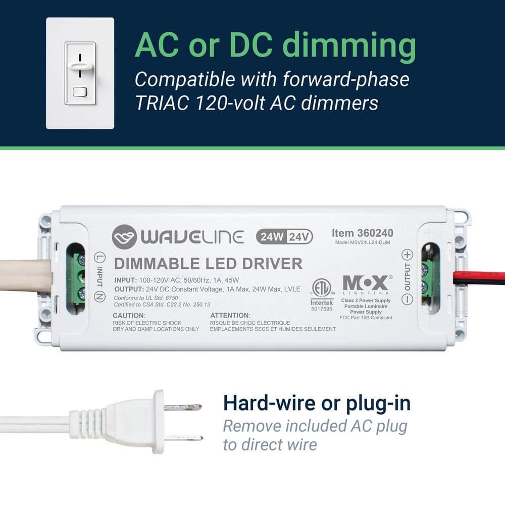 WAVELINE POWER WaveLine White Dimmable Driver Power Supply, TRIAC Dimmer Switch Compatible for LED Lighting-24-Volt, 24-Watt (2)
