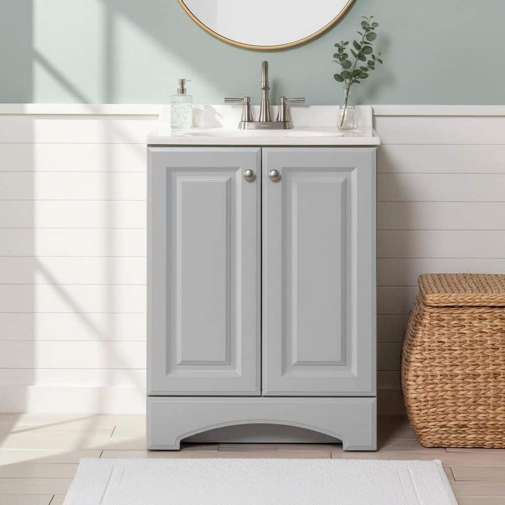 Glacier Bay 25 in. Single Sink Pearl Gray Freestanding Bath Vanity with White Cultured Marble Top (Assembled) (2)