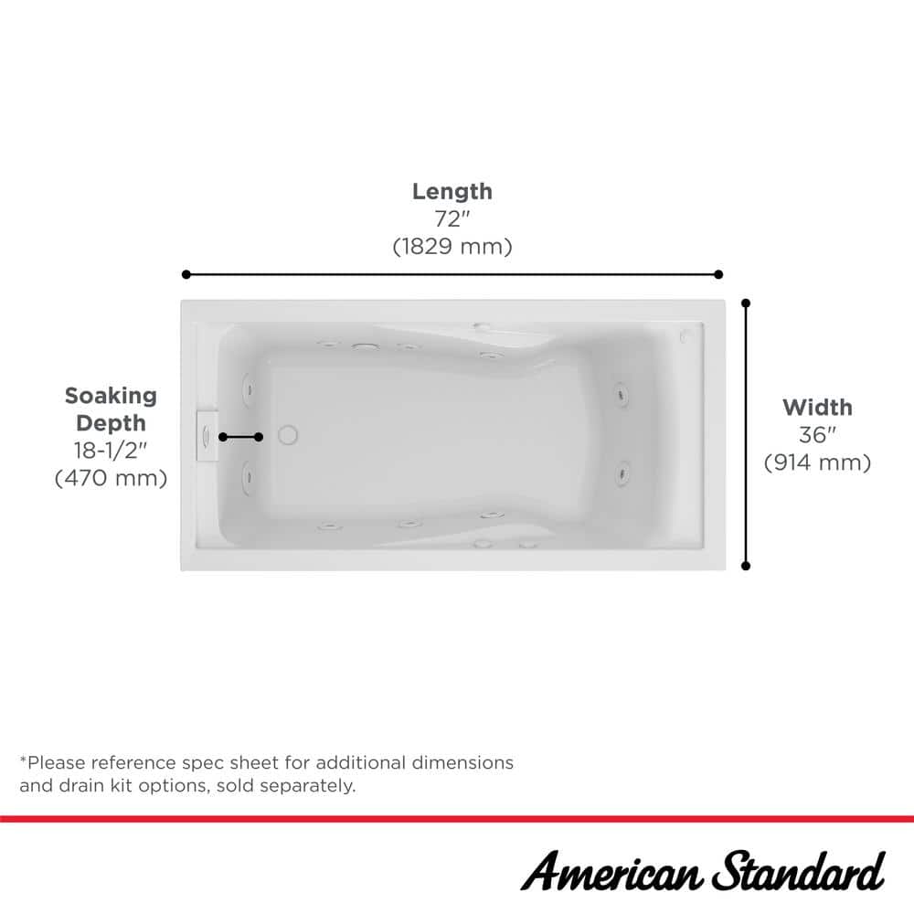 American Standard EverClean 72 in. x 36 in Acrylic Rectangular Drop-in Whirlpool Bathtub with Reversible Drain in White (3)