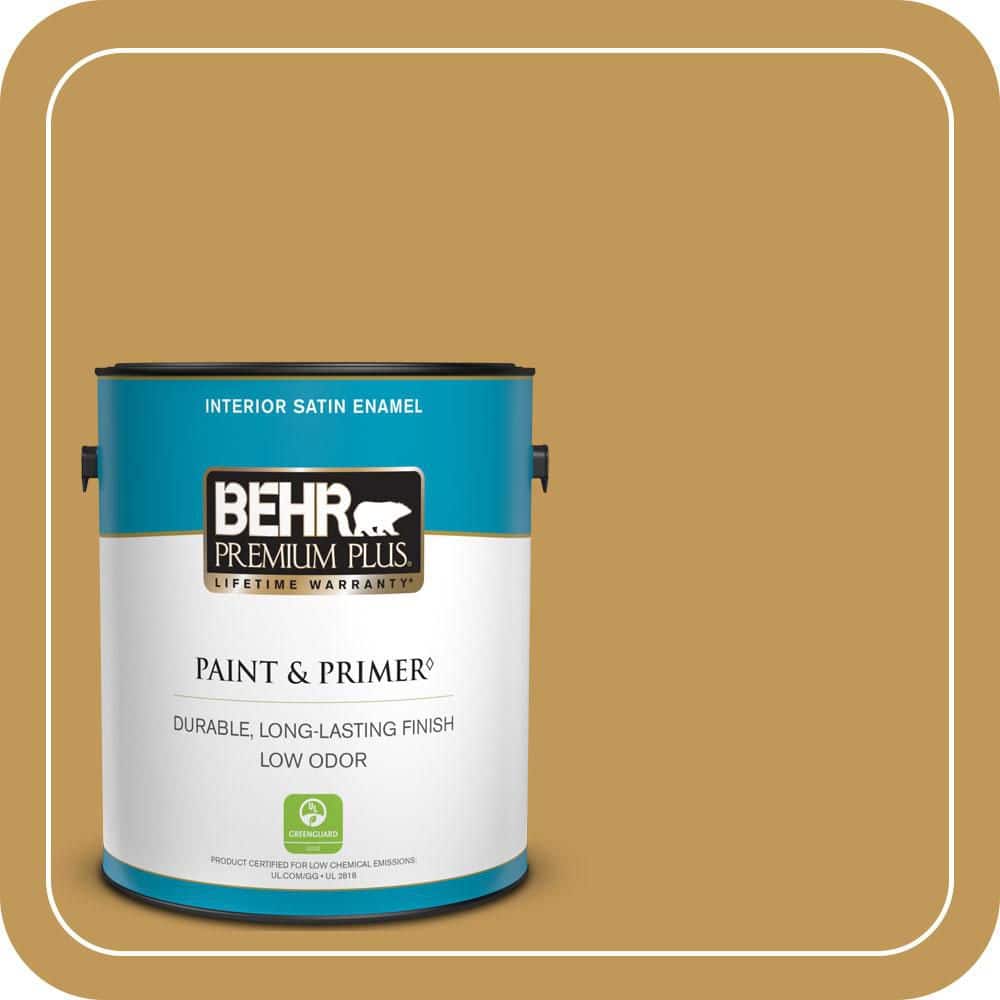 BEHR PREMIUM PLUS 1 gal. #330D-6 Townhouse Tan Satin Enamel Low Odor Interior Paint & Primer