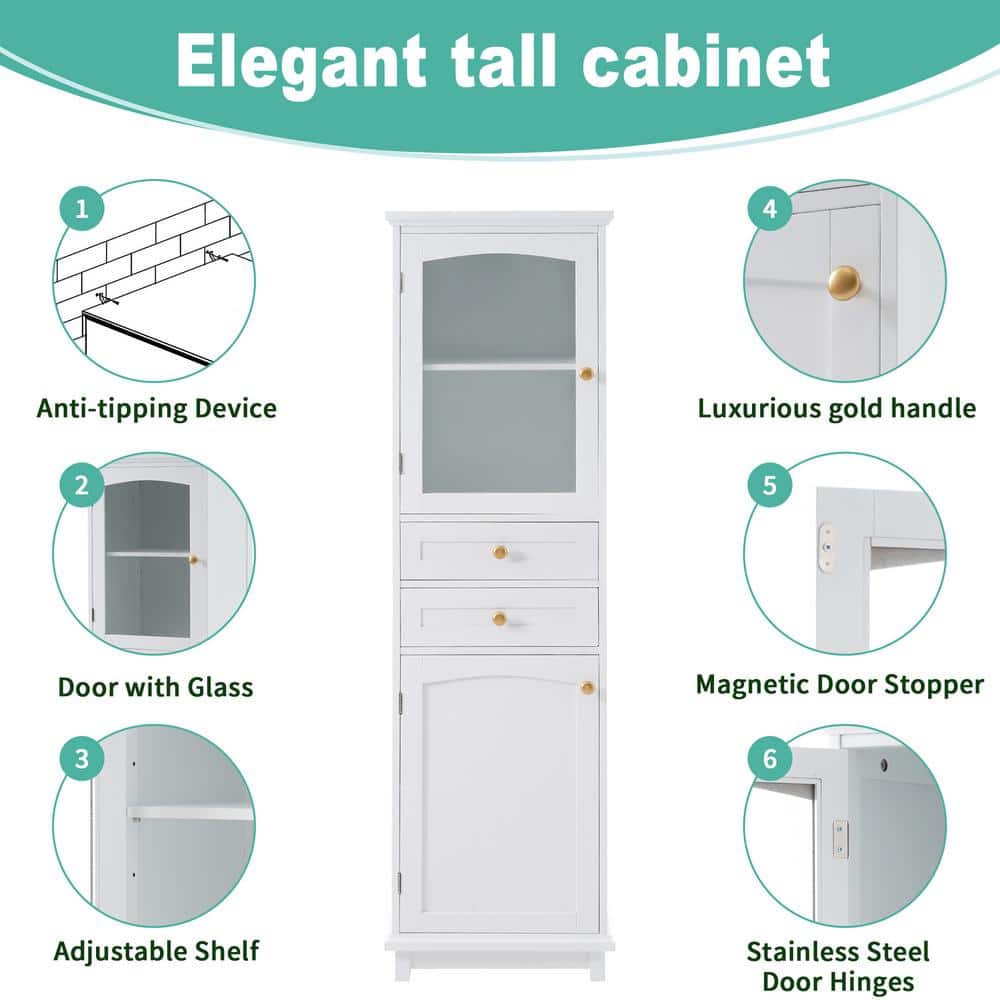 Zeus & Ruta 17.7 in. W 14.2 in. D 63 in. H Linen Cabinet with Glass Door and 2-Drawers (3)