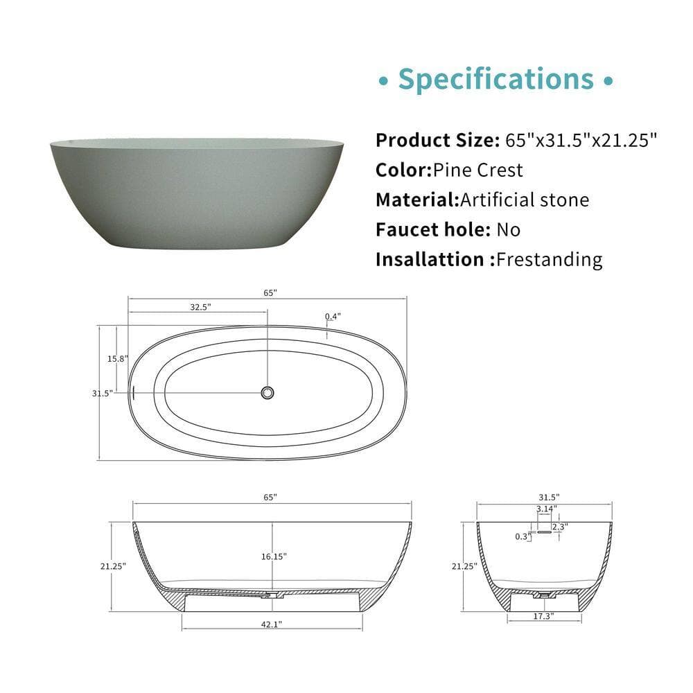 LIVACA 65 in. x 31.5 in. Soaking Freestanding Bathtub with Overflow and Pop-Up Drain in Turquoise Green Solid Surface Stone (2)