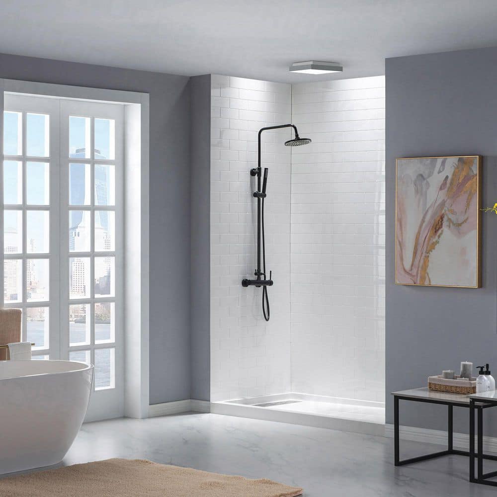 WOODBRIDGE 32 in. x 60 in. x 96 in. Solid Surface 3-Piece Easy Up Adhesive Alcove Shower Wall Surround in High Gloss White (2)