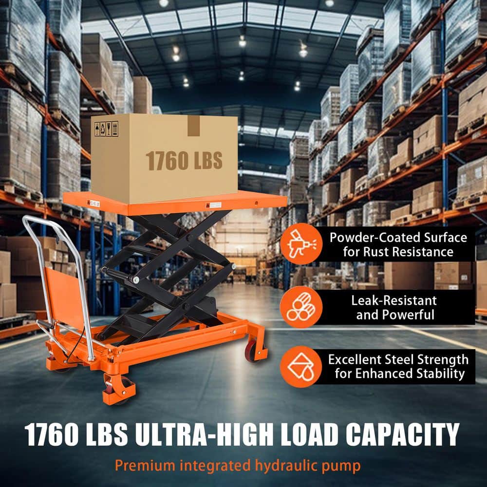 TORY CARRIER Double Scissor Lift Table Cart 1760 lbs. 59 in. Lifting Height Manual Lift Table Cart w/ 48 in. x 24 in. Platform Orange (3)