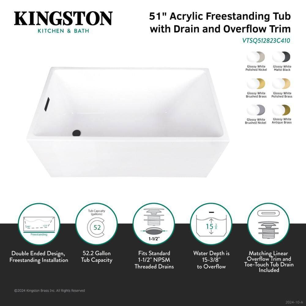 Kingston Brass Aqua Eden 51 in. x 27.7 in. Acrylic Flatbottom Soaking Freestanding Bathtub in Glossy White/Polished Brass with Drain (2)