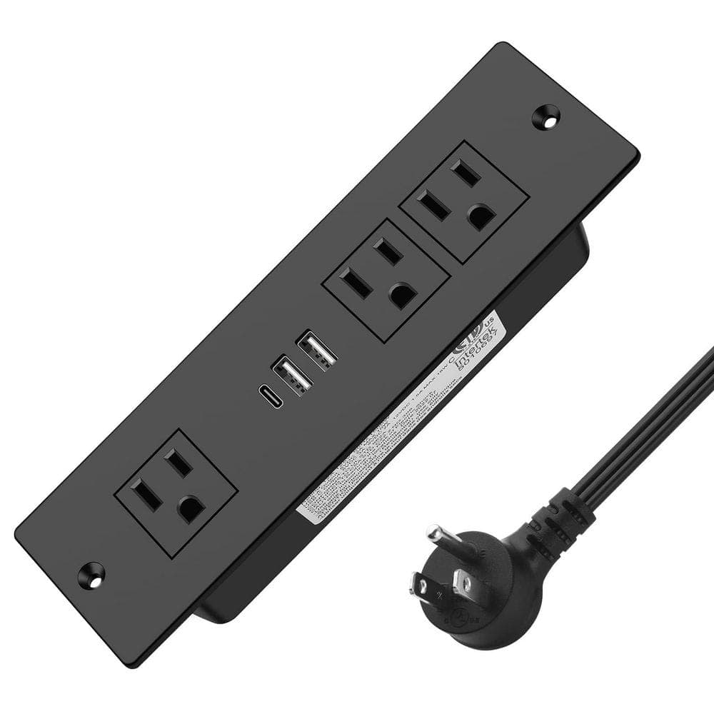 BIBIVIS Black 3-Outlet Recessed Power Strip, Furniture Drawer Outlet with 20W PD USB-C, Flush Mount 6 ft. Cord Desk Outlet (1)
