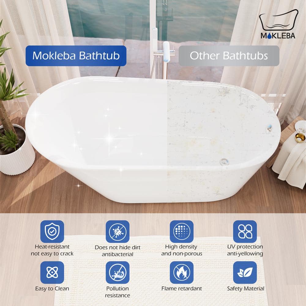 Mokleba 61 in. x 30 in. Freestanding Soaking Bathtub Stand Alone Flatbottom Acrylic SPA Tub with Reversible Drain in White (2)