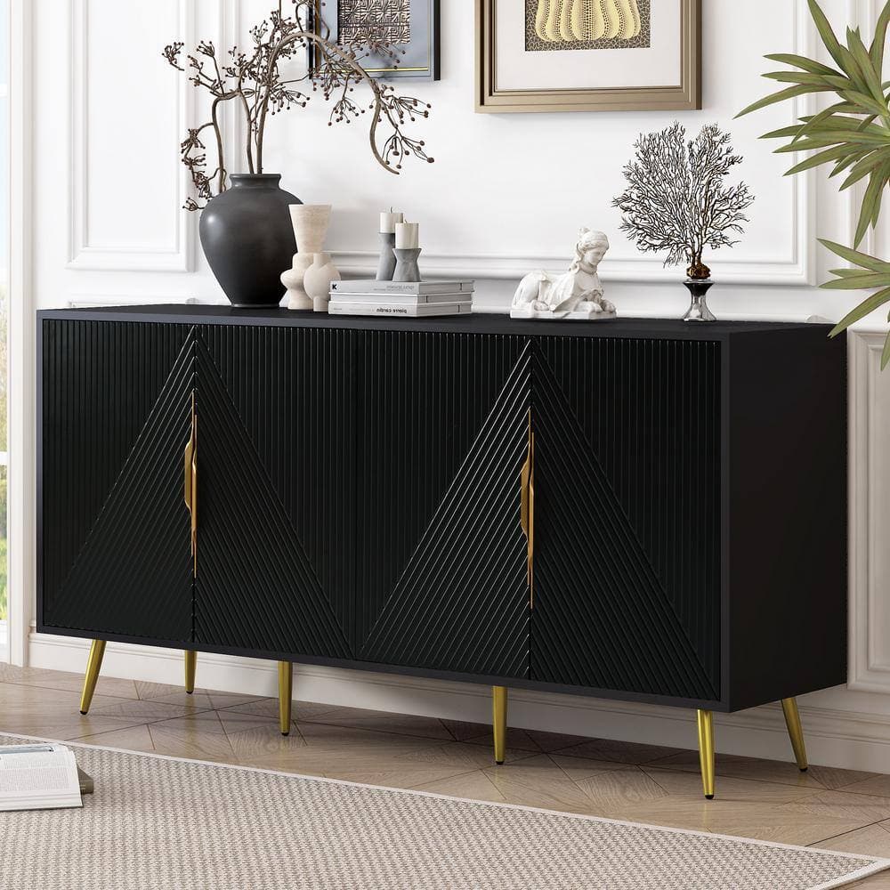 Unbranded 63 in. W x 15.7 in. D x 31.5 in. H Black Linen Cabinet with Wave Geometric Design for Study and Entryway (2)