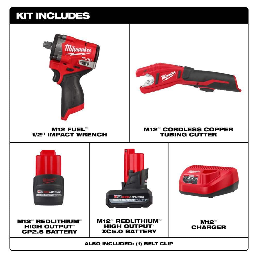 Milwaukee M12 FUEL 12V Li-Ion Brushless Cordless Stubby 1/2 in. Impact Wrench Kit with Copper Tubing Cutter (2)