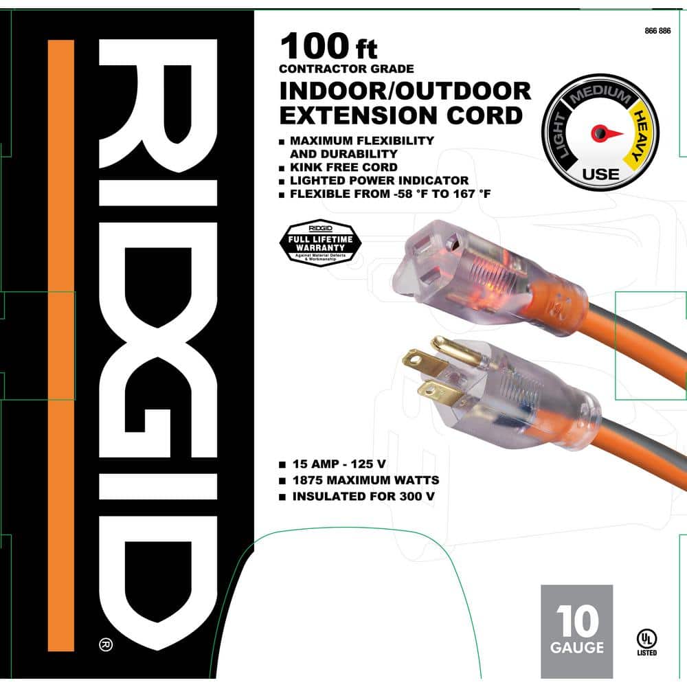 RIDGID 10/3 Heavy Duty Indoor/Outdoor SJTW Extension Cord with Lighted End, /Grey (2)