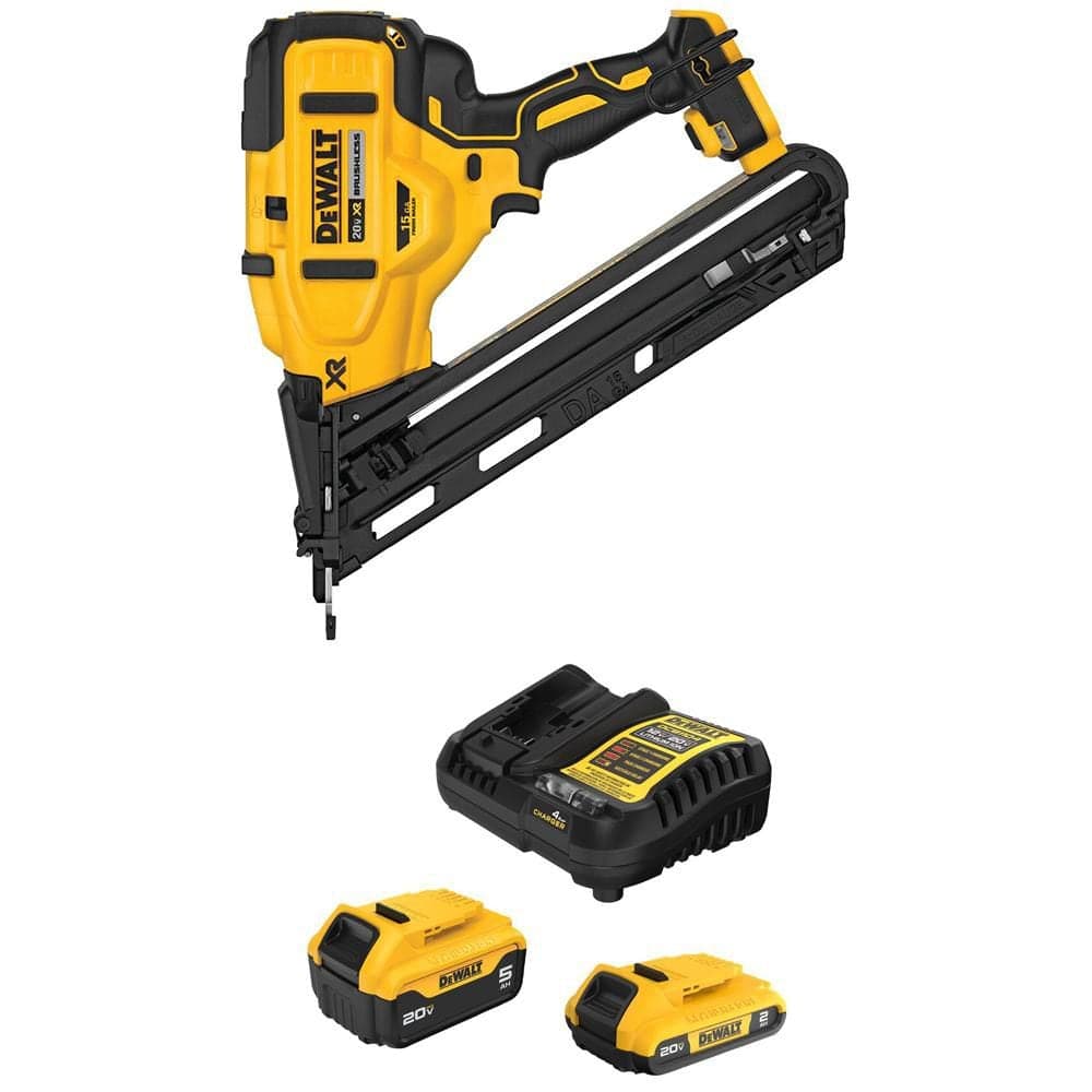 DEWALT 20V MAX XR Lithium-Ion Cordless 15-Gauge Angled Finish Nailer with 20V MAX 5. 0Ah and 2. 0Ah Batteries and Charger