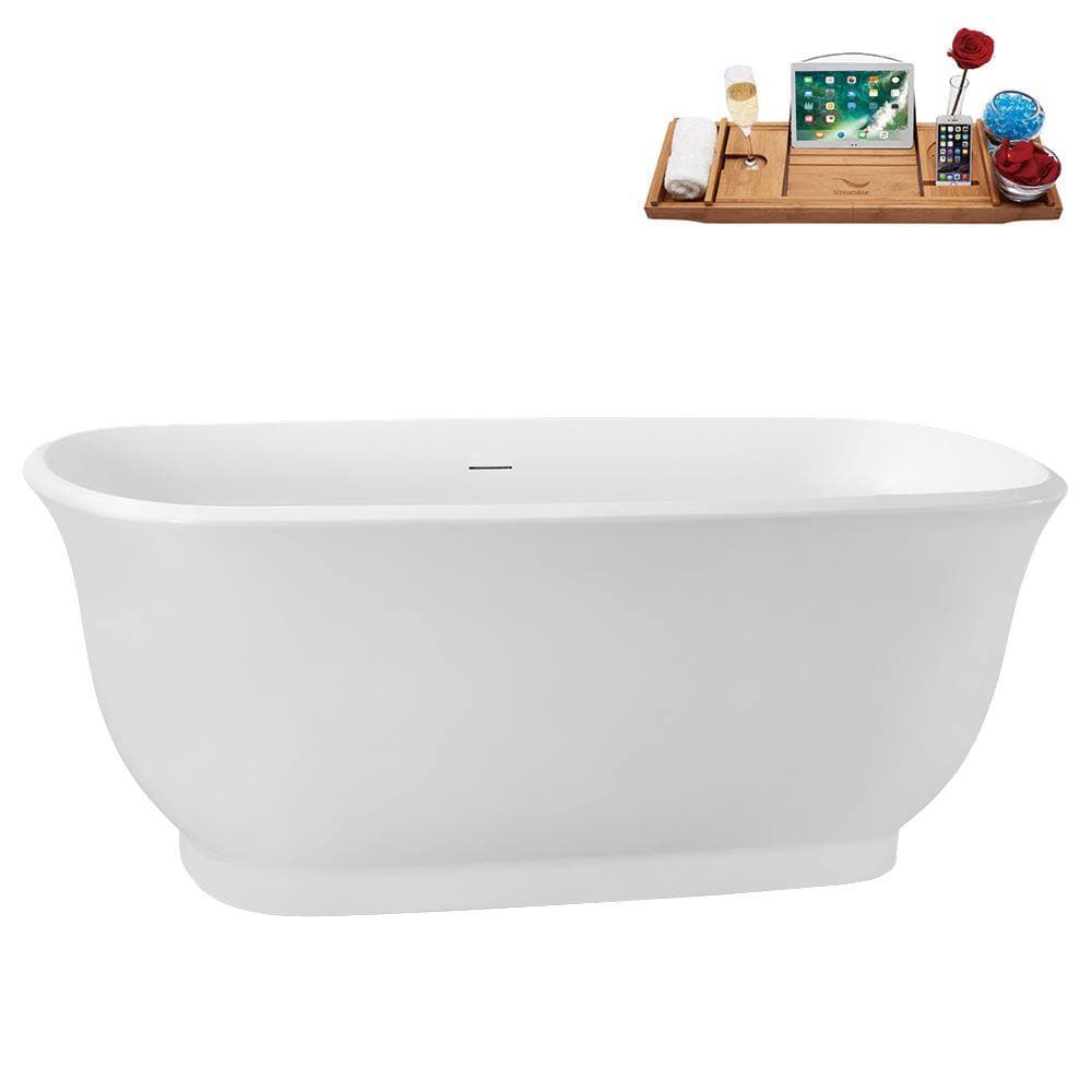 Streamline 59 in. x 28 in. Acrylic Freestanding Soaking Bathtub in Glossy White with Polished Chrome Drain, Bamboo Tray (3)