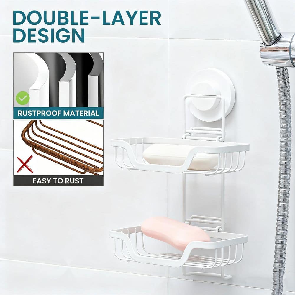 Wudkey Double Layer Rustproof Stainless Steel Soap Holder Drill-Free Bar Soap Dish Tray Suction Cup, Draining for Wall in White (3)