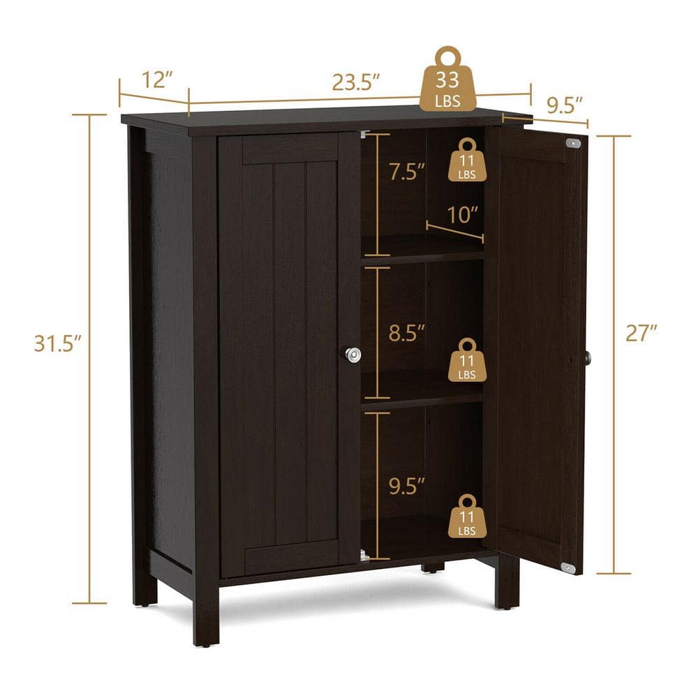 Gymax 23.5 in. W x 12 in. D x 31.5 in. H 2-Door Bathroom Floor Storage Cabinet Space Saver Organizer Brown Linen Cabinet (2)