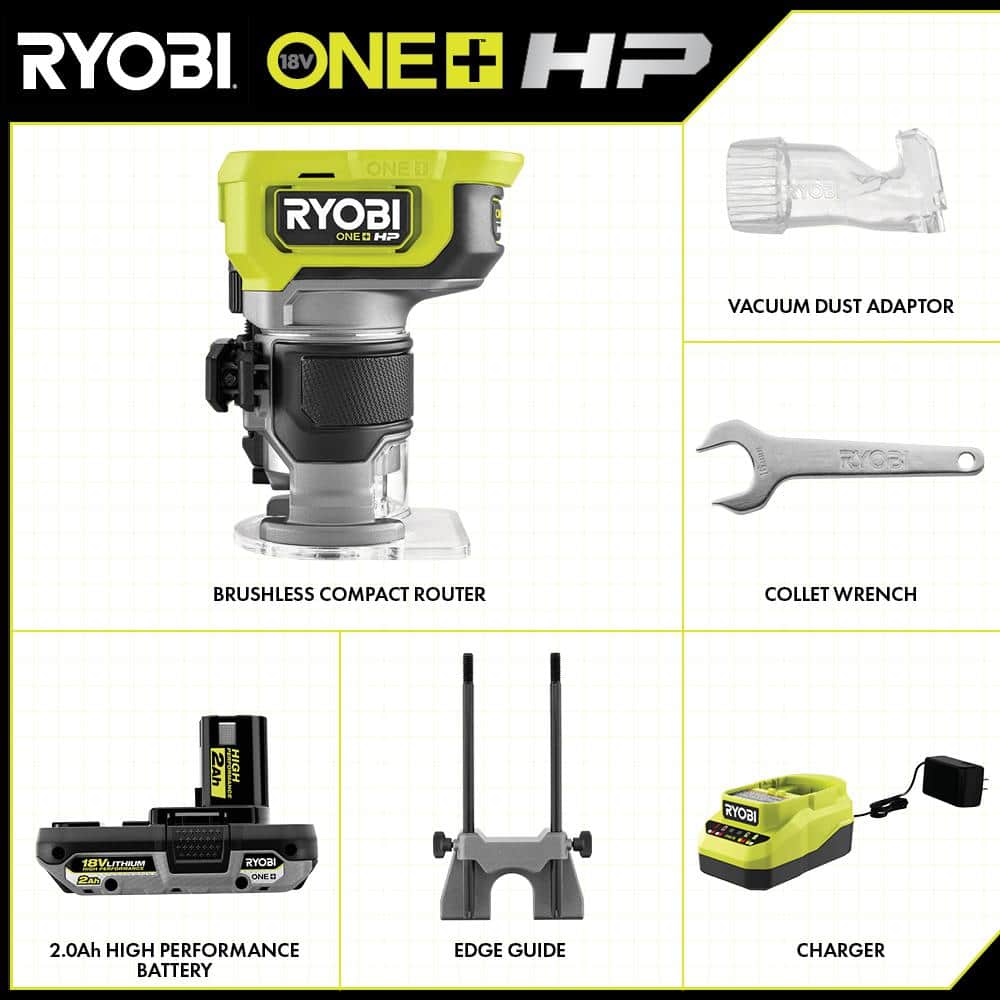 RYOBI ONE+ HP 18V Brushless Cordless Compact Router Kit with 2.0 Ah HIGH PERFORMANCE Battery and Charger (2)