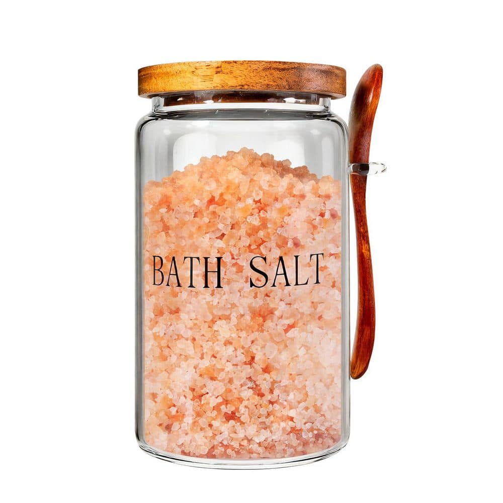 KHKFY Extra Large 74 oz. Glass Bath Salt Jar with Rubber-Sealed Wooden Lid and Scoop for Bathroom Countertop