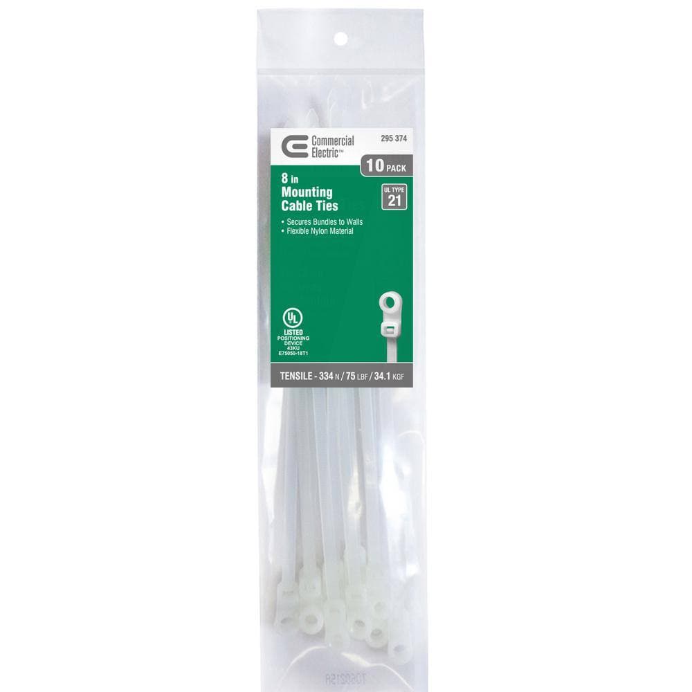 Commercial Electric 8in Mountable 75lb Tensile Strength UL 21 Rated Cable Zip Ties 10 Pack Natural (White)