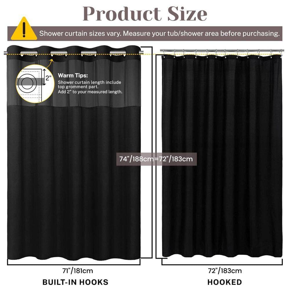 Anqtovp 71 in. W x 74 in. L Bamboo Textured Fabric Shower Curtain in Black with Snap-in Waterproof Liner and Translucent Top All (2)