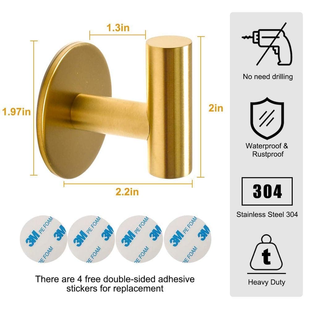 Wudkey 4-Piece Adhesive Heavy Duty Waterproof J-Hook Robe/Towel Hooks in Brushed Gold for Bathrooms Kitchen Hotel (2)