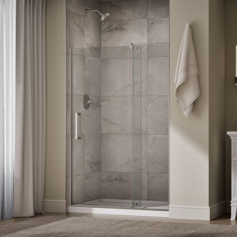 KOHLER Echelon 44-48 in. W x 70 in. H Frameless Pivot Shower Door in Anodized Brushed Nickel with 5/16 in. Thick Tempered Glass (3)
