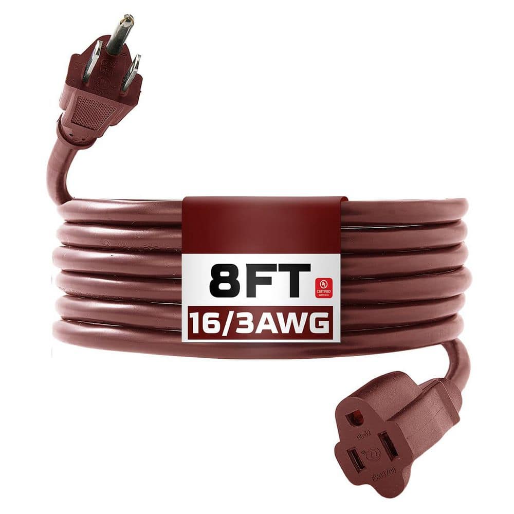 Unbranded 8 ft. 16/3 SJTW Heavy Duty Extension Cord Indoor/Outdoor Braided with Tri-tap Dual Lighted End and Foot Switch Brown (1)