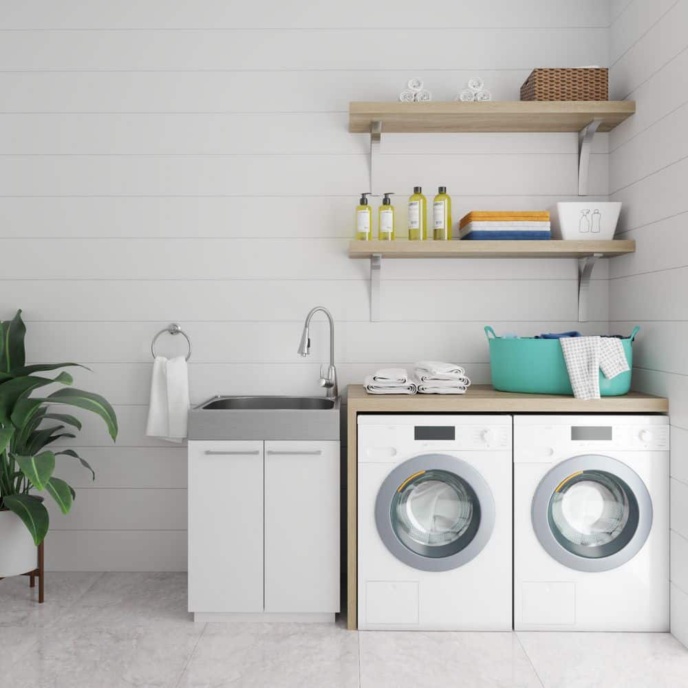 Glacier Bay 24 in. W x 21 in. D x 34 in. L Freestanding Stainless Steel Apron-Front Laundry Sink with Faucet and Cabinet in White (2)