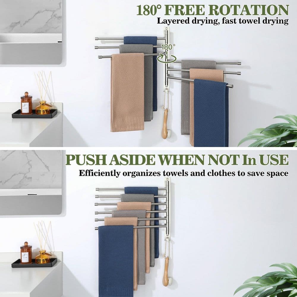 Unbranded 14.76 in. 1-Pack Matte Black Stainless Steel 6-Arm Swivel Bathroom Towel Rack Wall Mounted Space Saving Swing Bar (3)