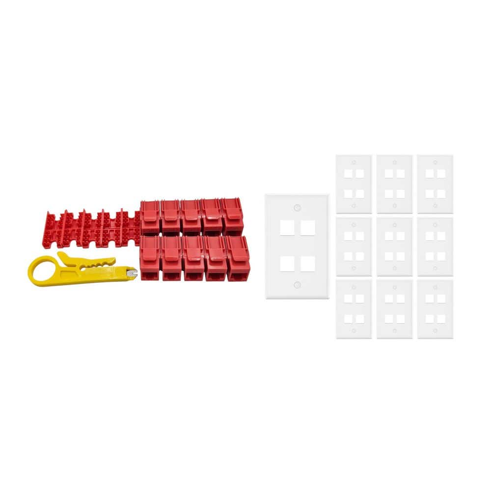 Micro Connectors, Inc 10-Pack 1-Gang White Keystone Plastic Wall Plates 4-Port and 10 Cat 6 RJ45 Keystone Jacks Red (1)