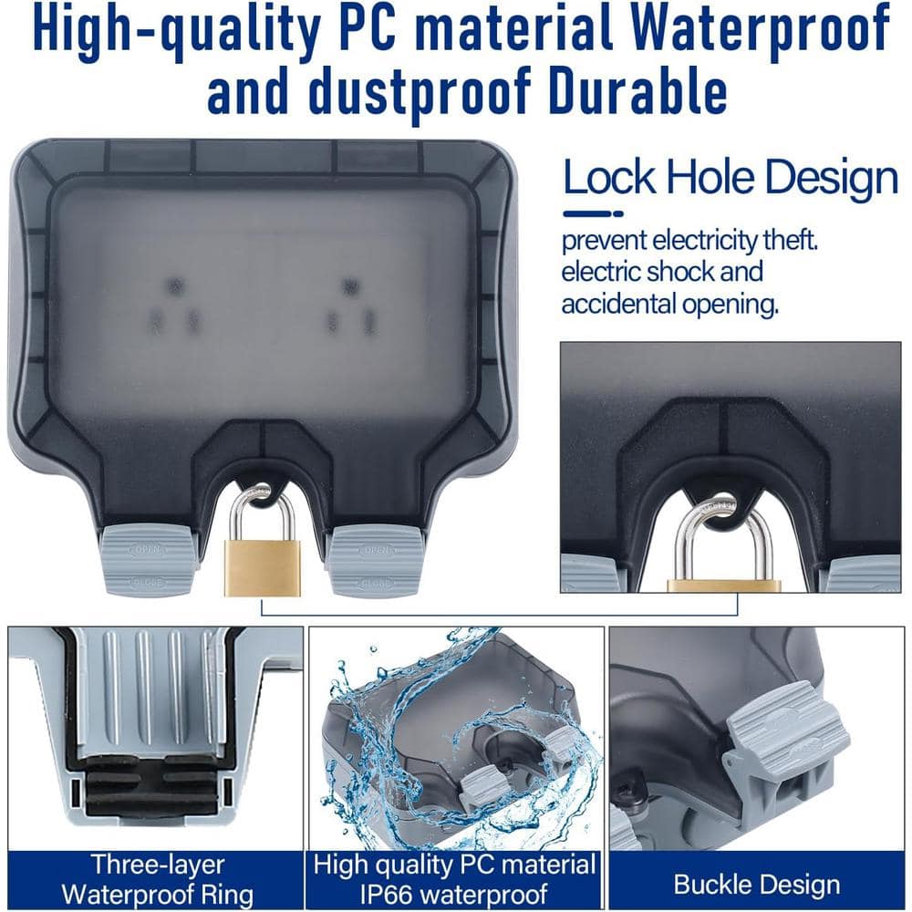 Yichuhaoxi Waterproof Weatherproof Electrical Outdoor Power-Outlet Outdoor Plug Socket Lockable Socket with Clear Cover (3)