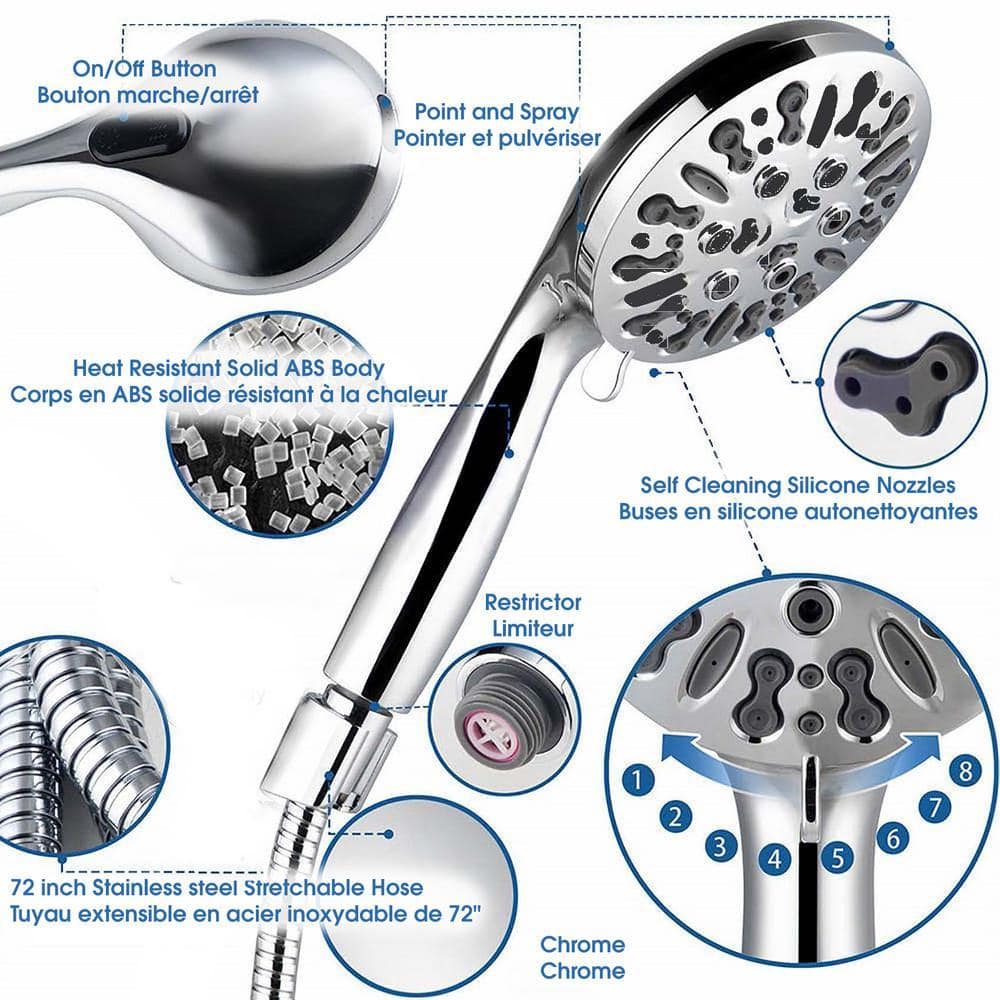 Grabcessories 28 in. 3 in 1-Adjustable Slide Grab Bar in Chrome with 9-Function Handheld Shower Head in Chrome (3)
