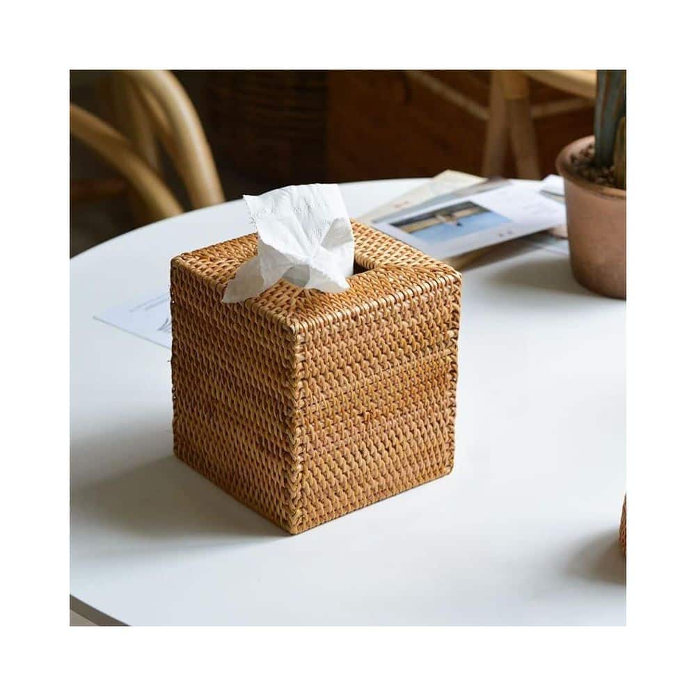 Wudkey Bohemian Decor Series Tabletop Rattan Wicker Tissue Box Cover with Hand-Woven Craft and Open Bottom Refill in Beige Tone (3)