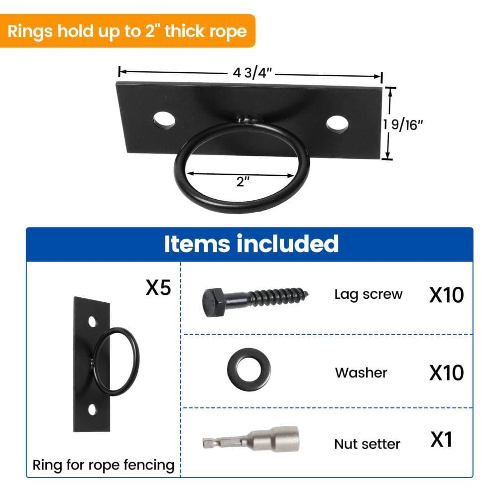 Unbranded Black Decorative Ring Rope Supports Wall Mounted Hemp Rope Hangers for Stair Deck Railing Fencing 5 Pack (3)