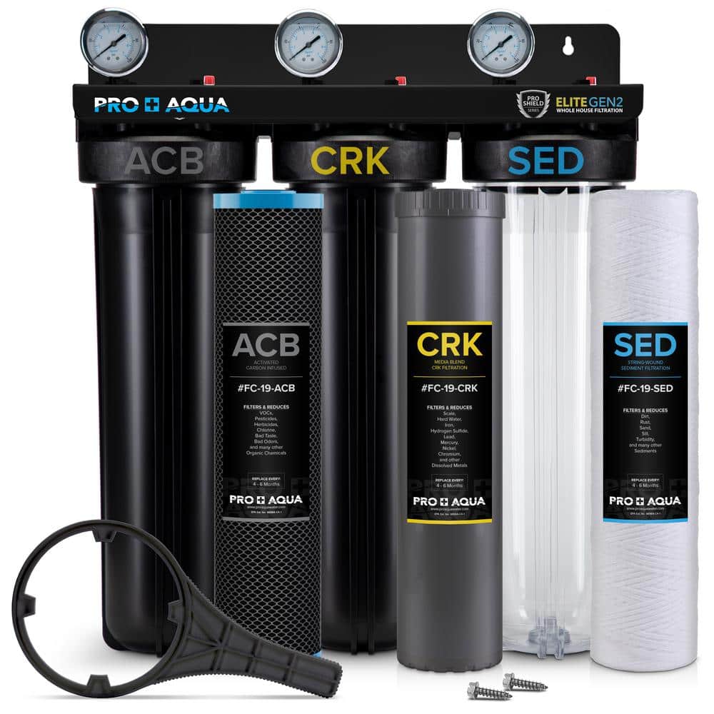PRO+AQUA Pro Aqua ELITE Whole House Water Filter 3 Stage Well Water Filtration System with Gauges, PR Button, 1 Ports, Filter Set