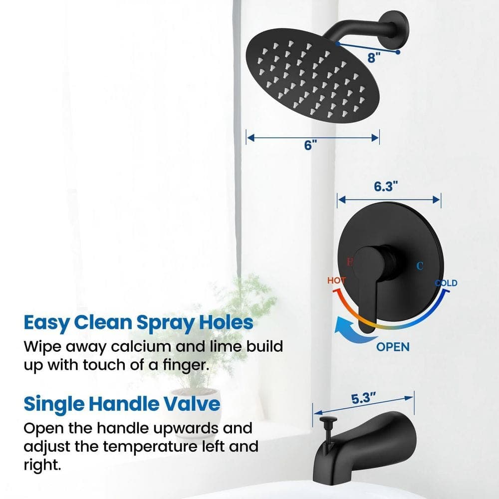 Helhom 6 in. Shower Faucet Set Complete Bathtub Faucet, Tub and Shower Trim Kit with Solid Brass Rough-In Valve, Matte Black (3)